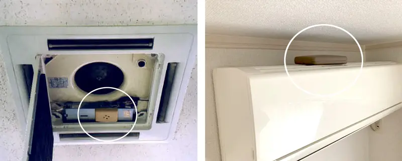 エアコンにマジックテープで取り付けた消臭器クローバー